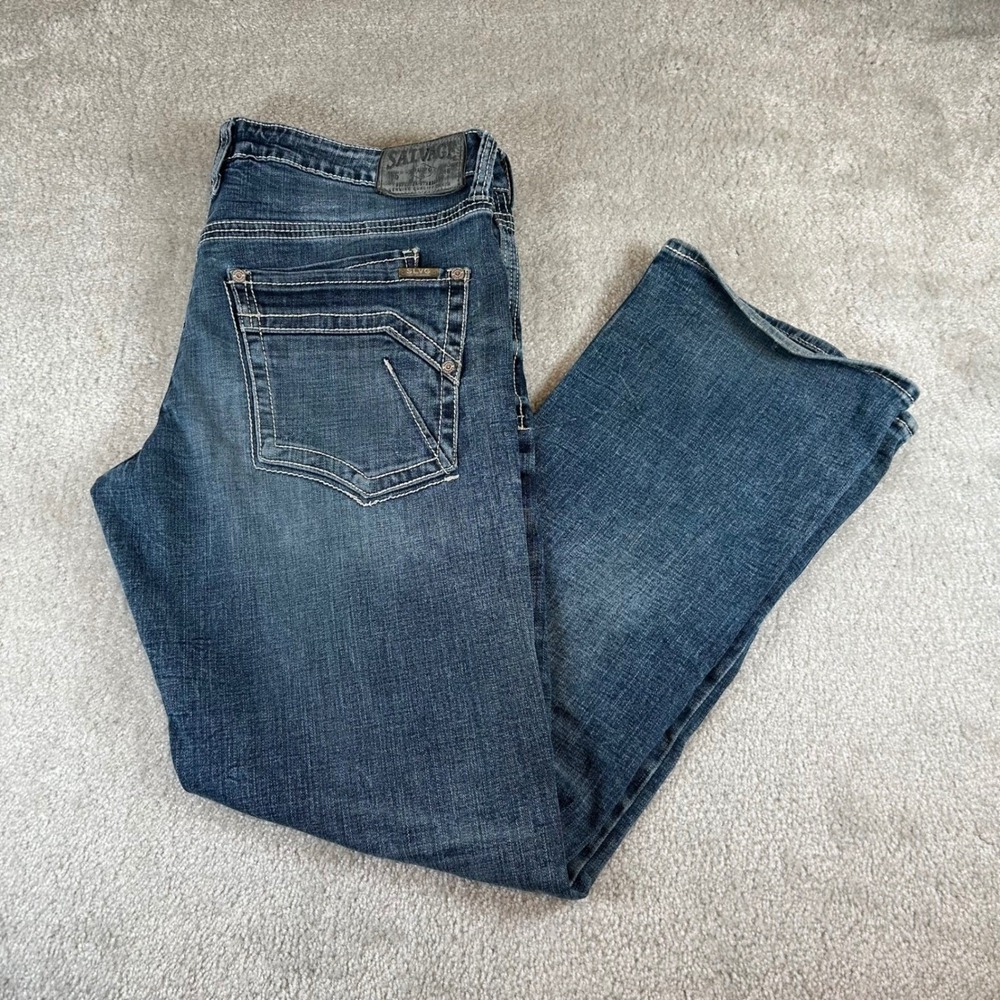 Salvage Mayhem Jeans Men's 38L Blue Regular Bootcut Heavy Stitch Distressed SLVG